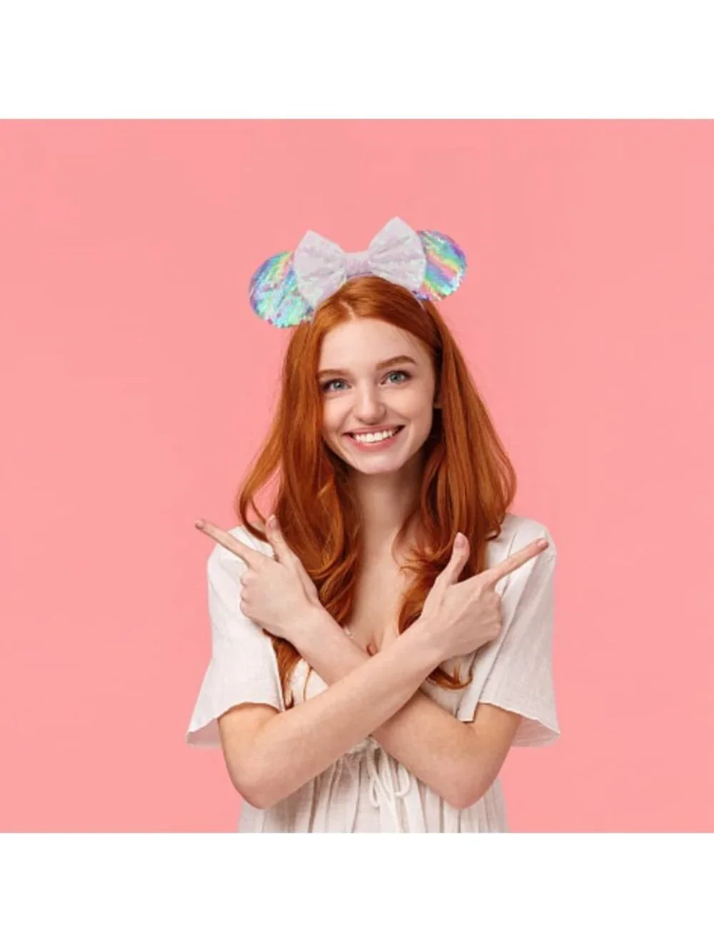 Women Sequin Rainbow Shiny Bow Mickey Mouse Hair Headband For Cosplay